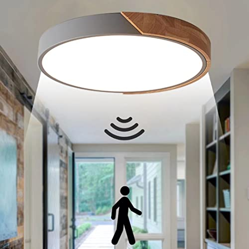 Deckenleuchte Holz mit Bewegungsmelder LED 24W Modern Rund Deckenlampe mit mit Bewegungssensor 6500K Kaltweiß Flach Decke Lampe für Flur Treppen Lager Veranda Küche Balkon BüRo Sensorleuchte (Grau)