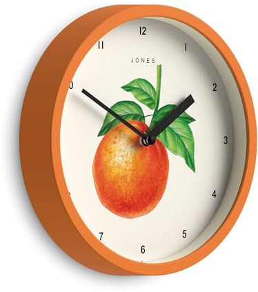 Jones Clocks® Fruit wall clock | Small round clock | 20cm | Orange | Botanical illustrated orange artwork | Ideal for kitchen and dining rooms.