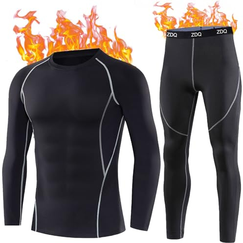 ZDQ Hiver Ensemble sous-Vêtements Thermiques Base Layer sous-Vêtement Ski Chaud Sport Bas Manches Longue Pantalon Thermique Fonctionnels Hommes Noir XXL