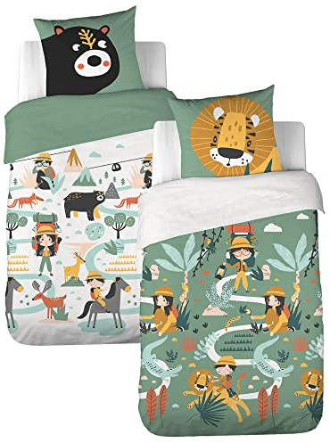 Juego de cama infantil reversible de león y oso de 140 x 200 cm, 2 piezas