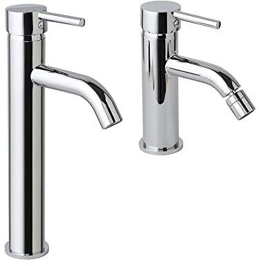 Kiamami Valentina - Coppia di Rubinetti per Lavabo Alto e Bidet | Design Moderno | Cromato | Ottone | Altezza Miscelatore Lavabo 28,7 cm, Altezza Miscelatore Bidet 17,2 cm, Cromato, Ottone