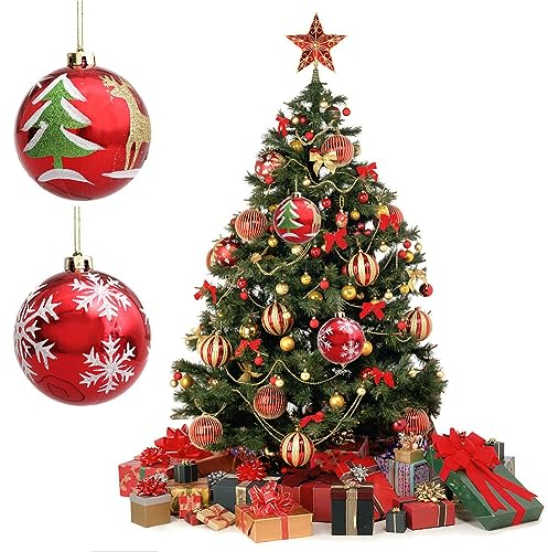 ISAKEN Weihnachtsbaumkugeln Rote 12CM Große Kunststoff Christbaumkugeln Weihnachtsdeko mit Aufhänger Schneeflocke Rentier Baumschmuck Weihnachtsbaumschmuck für Weihnachten Party Dekoration, 2 Stück