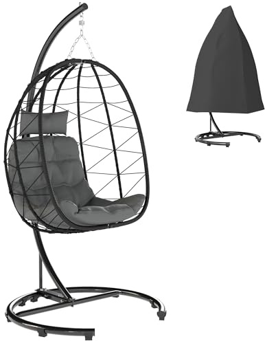 Outsunny Hängesessel Rattan Hängestuhl 195 cm Höhe Schaukelkorb Indoor Outdoor inkl. Gestell, Kissen, wasserdichte Abdeckung, für Terrasse, Garten bis zu 150 kg, Dunkelgrau