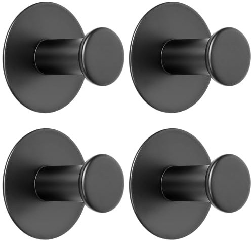 SAYAYO Self Adhesive Hooks 4PCS Black Sticky Coat Hook for Hanging Towels Wall Hooks Stick on Bathroom Kitchen Home Door, SUS304 Stainless Steel, No Nails, Round Design