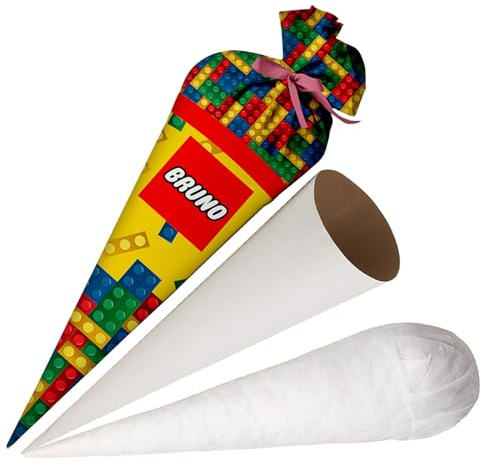 Ferocity Coussin pour cornet de construction, blocs de construction, avec nom pour garçon, sac de sucrerie en tissu, de 70 cm, ronds, avec rembourrage en billes de silicone - Grand sac de sucre