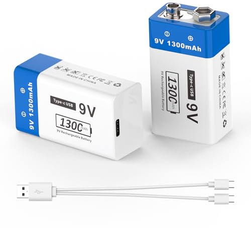 9V Battery, 1300mAh Rechargeable 2025 New Upgraded 9V Batteries Li-Polymer Rechargeable Household Batteries with Type-c Charging Cable for Smoke Detectors, Wireless Microphones, and More (4Packs)
