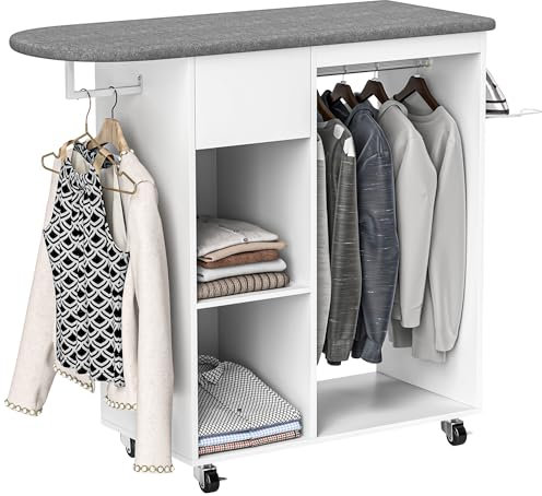 HOMCOM Mobile Asse da Stiro con Ruote di Freno e Portaferro da Stiro, Mobile da Stiro Multiuso con Barra Appendiabiti, Cassetto e Ripiano Regolabile, per Lavanderia, Bagno, 125x43.5x102.5 cm, Bianco