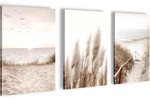 Novart Wandbilder Boho - KOMPLETT AUFHÄNGFERTIG - Wohnzimmer Schlafzimmer Wanddeko - 3 Bilder Set Beige - N003930a