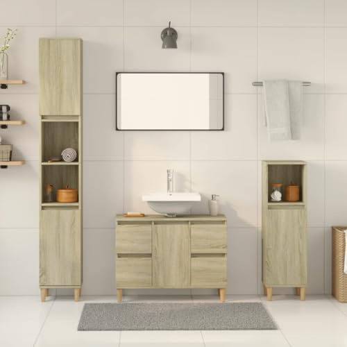 Gecheer Set Mobiletto Bagno Completo Moderno, 3 Pz Rovere Sonoma in Legno Multistrato