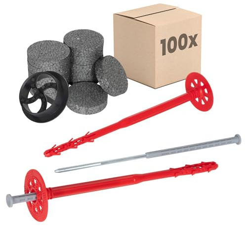 Set di tasselli isolanti PROTEKTOR Ø10x240mm con chiodo in acciaio (100 pezzi + 200 Rondelle + 1 Fresa a tazza) per isolamento ETICS e facciate, certificato ETA tasselli a impatto