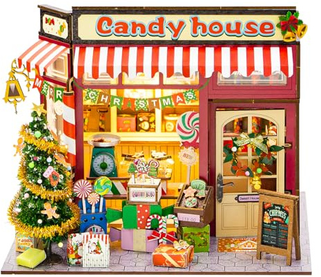 Joyoldelf DIY Book Nook Kit para Adultos, 3D Casa de dulces de Navidad Puzzle de madera con luz LED, Diorama en miniatura Juego de manualidades para estantería, decoración creativa de casa de Navidad