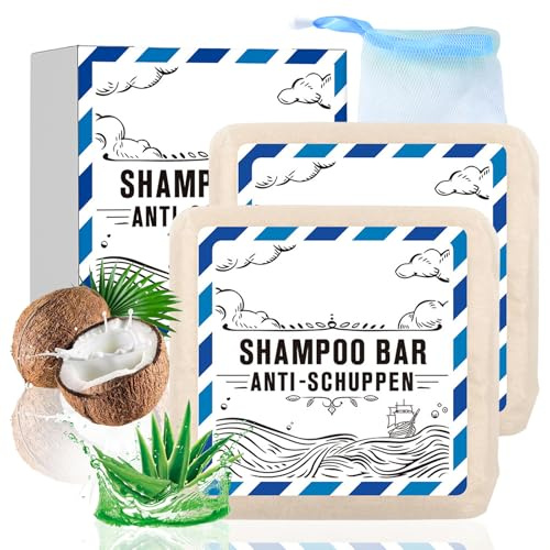 Shampoo antiforfora solido con rete in schiuma, 2 pezzi di sapone naturale per capelli con burro di karitè, olio di cocco, 3 in 1, sapone da doccia per uomini, per capelli, viso, corpo, anti-perdita