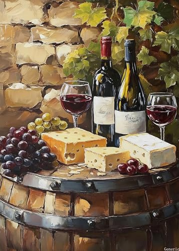 Wine and Cheese on Old Barrels, 1000Pieces Wooden Jigsaw Puzzles for Adults, Ideal for Exercising Brain Power, Patience and Hands-On Skills, Complete with Family During Holidays 50x70cm