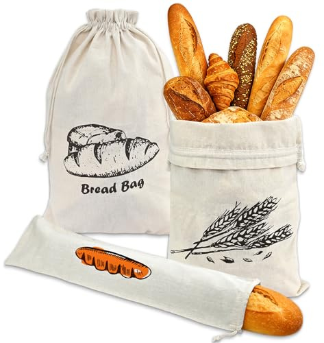QEEYON Linne-brödpåse-set om 3 (2 x 45 x 30 cm, 1 x 16 x 64 cm) – håller bröd färska längre – återanvändbar brödväska med dragsko i beige för bröd och stavbröd