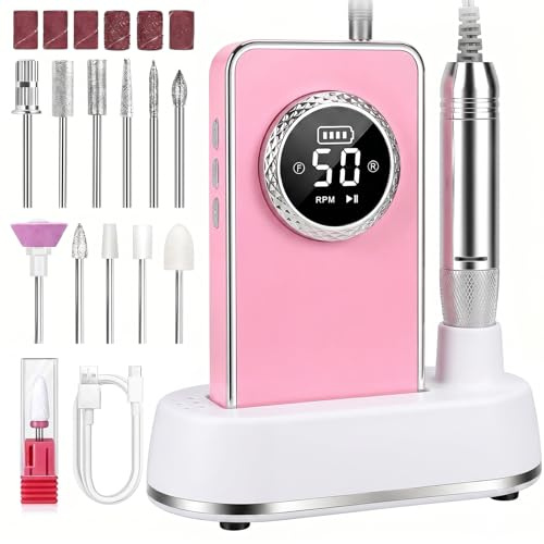 Fresa per Unghie Professionale, 50000 RPM, Kit di Lima Elettrica Portatile Ricaricabile – Per Unghie Acrilico Gel, Cura dei Piedi & Lucidatura, Trapano per Unghie Senza Fili per Casa & Salone(Rose)