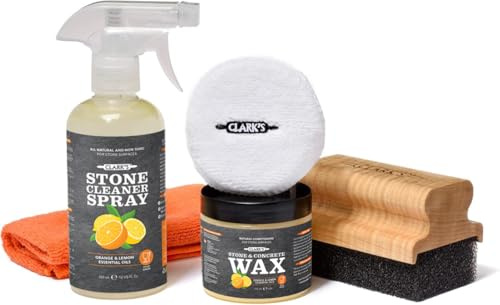 CLARK'S Naturstein-Reiniger- und Wachspflegeset – inklusive Speckstein, Schiefer- und Betonwachs (170 ml), Spray (340 ml), Applikator, Mikrofaser-Handtuch und Polierpad, angereichert mit Zitronen- und