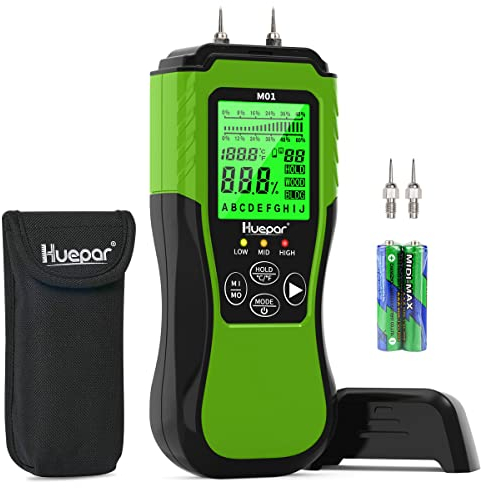 Huepar Humidímetro Digital, Medidor de Humedad con 2 modos de medición y pantalla LCD -8 tipos de probador de humedad de madera para insperar el humedad de madera y materiales de construcción-M01