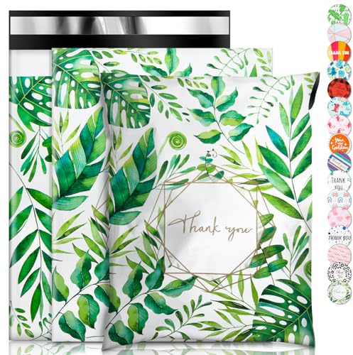 Oududianzi Poly Mailers 10x13, 100 Pack Thank You Shipping Bags, Mailing bags, Mailers Poly Bags for shipping, Shipping Envelopes, Packaging Bags for Shipping - Green leaf