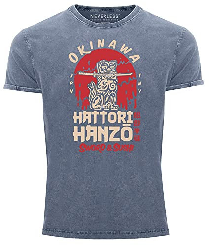Neverless® Herren Vintage Shirt Hattori Hanzo Sword and Sushi Okinawa Japan Schriftzeichen Superior Design Used Look blau 3XL