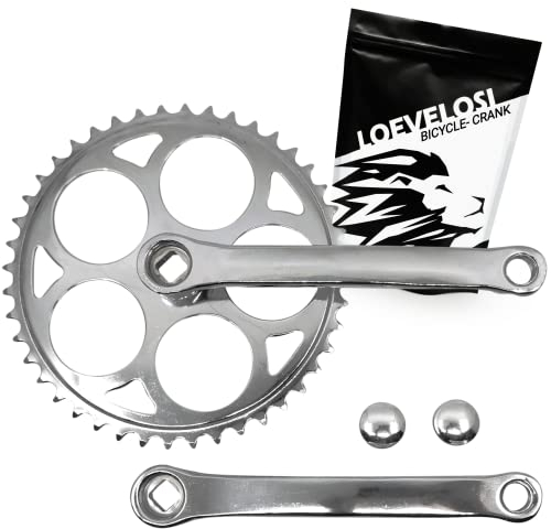 LOEVELOSI 1-Fach Fahrrad Kurbel verstärkter Stahl Crank Set Silber mit 44 Zähnen Vierkant Kurbelgarnitur 170 mm Kurbelarm für Retro & Vintage Bikes SingleSpeed Fixed Gear Fahrrad