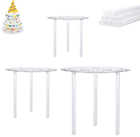 olyee Cake Supports Set w/ 18 Pieces Cake Dowels Rods for Tiered Cake, 3 Tier Cake Separator Plates Cake Stand Holder for Wedding Cake Construction & Stacking (4, 6, 8 inch) (3 Layer), Transparent
