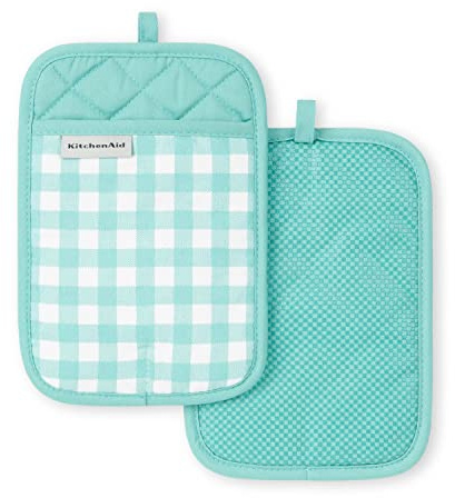 KitchenAid Gingham Pot Holder 2-Pack Set, Aqua Sky, 7x10