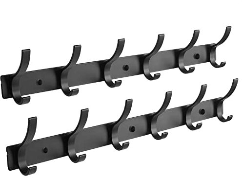 Optish 2 Stück Kleiderhaken Wand, Hakenleiste Garderobe mit 12 Haken, Garderobenleiste Wandgarderobe für Schlafzimmer Bad Küche, Garderobenhaken für Mänteln, Jacken, Hüten und Handtüchern (Schwarz)