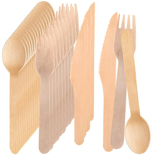 Sabco - 300pcs Disposable Wooden Cutlery Set - Wooden Forks, Spoons, Knives for Parties. Biodegradable Eco Friendly Bamboo Alternative to Plastic - for Parties - Birch Wood Party Set