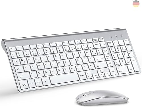 Tastatur Maus Set Ultra Slim, TopMate 2,4G Stille Compact USB 2400DPI Maus und Schissschalter Tastatur mit Abdeckung mit 2 AA & 2 AAA Batterien für PC/Laptop/Windows/Mac - Silber Weiss