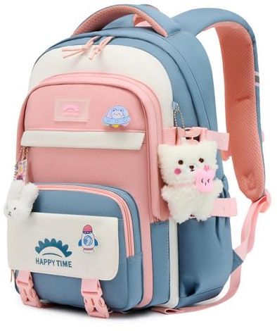 Tanou Cartable Fille Primaire, 20 Litres Sac a Dos Fille Cartable Kawaii avec Pendentif, Sacs Scolaires Léger et Imperméable en Nylon pour Enfants de 8 à 14 ans, Bleu