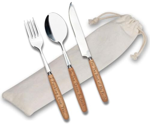 Personalised Engraved Picnic Cutlery Set in Cotton Carry Pouch - Camping, Outdoors, Travel - Wooden Handled, Stainless Steel - Engraved with Your Custom Text
