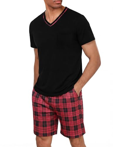 Demegimi Pyjama Homme Été Coton Ensemble Court Manches Courtes avec Poches Col Rond Pyjashort Confortable S-3XL