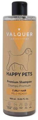 VALQUER Happy Pets Champú Premium para Perros y Gatos de Pelo Rizado | Hidrata, Suaviza y Define el Pelaje | con Vitamina B5 y Aceite de Pepita de UVA | 400 ml