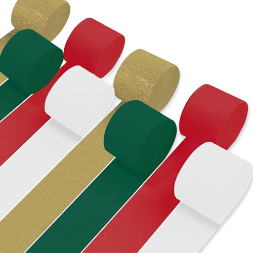 Lot de 8 rouleaux de papier crépon de Noël rouge, vert, doré et blanc pour décorations de fête de Noël, anniversaire, fête prénatale, mariage, remise de diplôme, loisirs créatifs