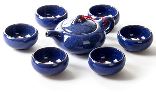 Set da tè cinese in ceramica screpolat- set da tè in ceramica Koi retrò, Set teiera e tazze Kung Fu teiera fatta a mano in porcellana e 6 tazze da tè (Blu Navy, Scatola ecologica)