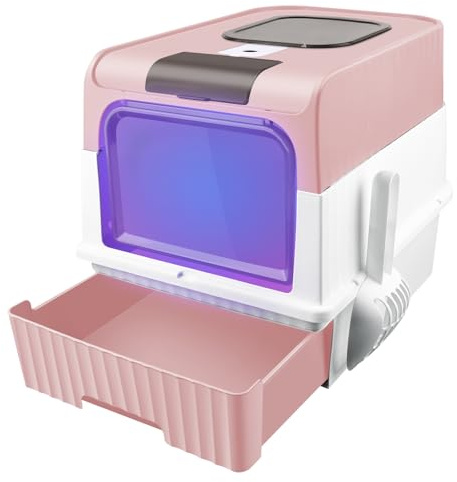 Lettiera autopulente per gatti e contenitore top con casa di toilette e deodorante (lettiera sterilizzata a UV b, rosa)