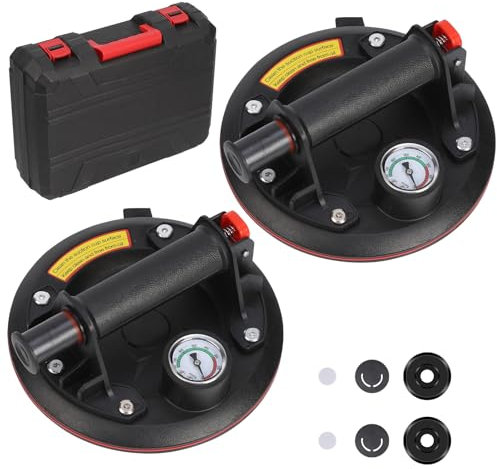 Gaethra 2 Pièces 8 Ventouse Carrelage avec Manomètre, Ventouse Vitrier Capacité de Charge Max 200 kg, Professionnelles Ventouses à Vide avec Boîte de Transport pour Verre, Carreaux, Marbre