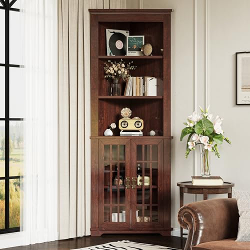 IRONCK 71.3'' Tall Corner Cabinet, Mid Century Storage Cabinet with Glass Doors & Adjustable Shelf, Bathroom Storage with 3 Open Shelf, Home Space Saver for Bathroom, Living Room, Red Walnut