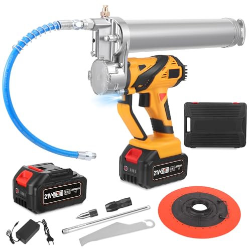 Trsaow Pompe a Graisse Electrique 10000 PSI, Batterie 21V 2000mAh Double, Voyant 4 Niveaux, Avec Une Lumière LED Super Brillante Flexible 400mm (15,7) + Tuyau Droit/Accessoires