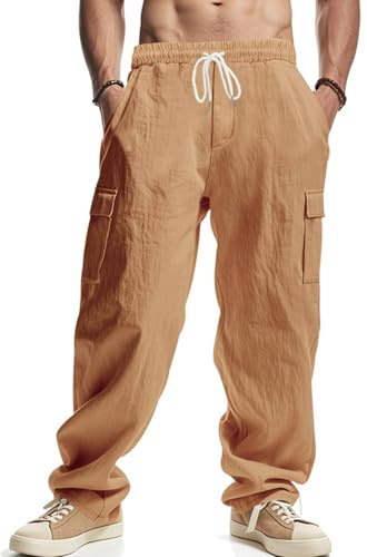 PADOLA Pantaloni Uomo Cotone Lino Cargo Spiaggia Tasca Multipla Vita Regolabile Coulisse Casual Chino Lungo Estivo per Mare e Viaggio(L,Sabbia Scuro)