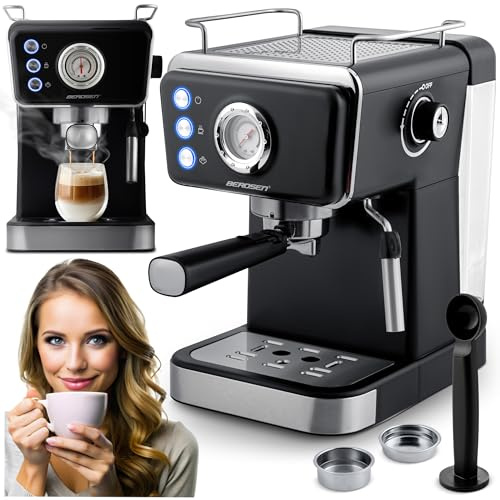 Berdsen Kaffeemaschine - Espressomaschine Siebträgermaschine - 1,5 L 20 Bar - Milchaufschäumer - 2 Filter - Cool Espresso - Druckmesser - Schwarz