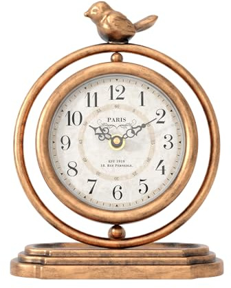 ChimeTide Gold Vintage Table Clock with Bird, European Retro Style Mantel Clocks, Desk and Shelf Decor Clock, for Living Room, Farmhouse, Bedside, Bedroom, Gift (7.9 H x 6.3 W)