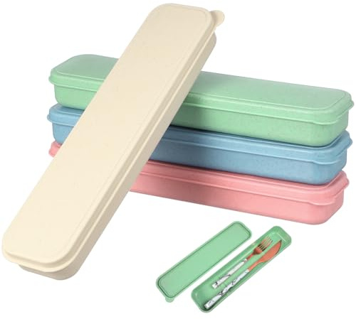 ELAYARD 4 piezas Estuche de Cubiertos Portátil de Viaje Caja de Almacenamiento de Vajilla de Plástico PP Resistente de Beige Azul Rosa y Verde Seguro Tapa para Camping y Picnic