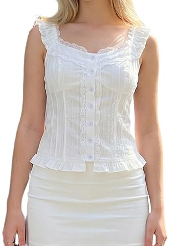 Women Lace Button Down Knitted Vest Sleeveless Slim Fit Dressy Cami Top | Ruffled Trim Going Out Crop Shirt Cap Sleeve Crop Summer Blouse Summer Trendy Slim Fit Vest Tops