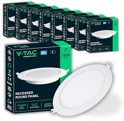 V-TAC 10x Faretti LED da Incasso Rotondi 18W - SUPER LUMINOSI - Diametro 220 mm - 1850 Lumen - IP20 - per Soffitto, Casa, Cartongesso - Mini Pannello - Lampada - Foro 200-205 mm - Luce Naturale 4000K