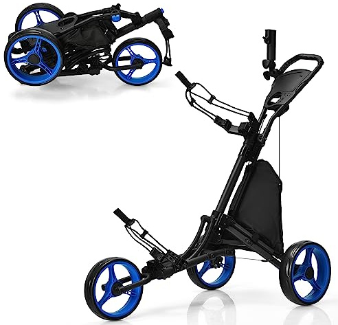 COSTWAY Carro de Golf de Empuje con 3 Ruedas, Carrito de Golf Plegable con Bolsa Recubierta en Aluminio, Tira elástica, Paraguas Regulable y Portavaso, Marcador y Freno de Pedal (Azul)
