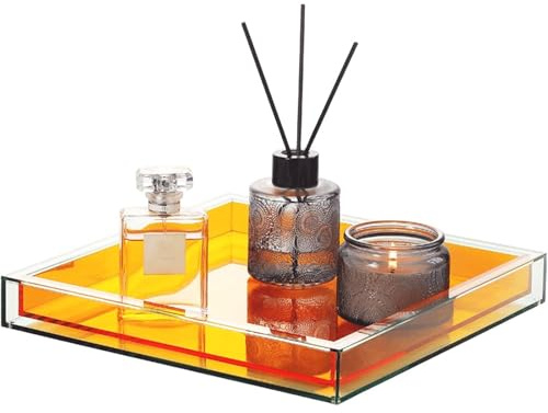 Bandeja de acrílico creativa moderna bandeja decorativa de joyería organizador de maquillaje cuadrado transparente para lavabo de baño, tocador, servir, mesa de café, sala de estar (naranja)