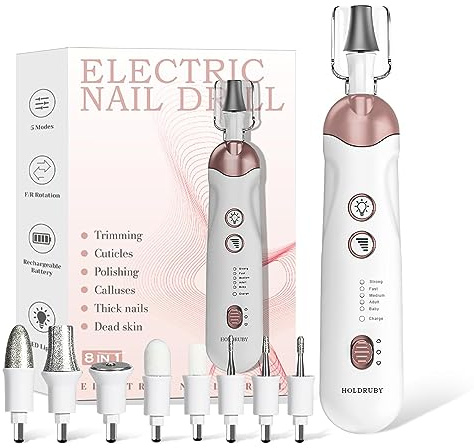 Professional Manicure Pedicure Kit Drill Electric Nail File 8-in-1 Toe Grinder LED Light Tool for Thick Nails Women White