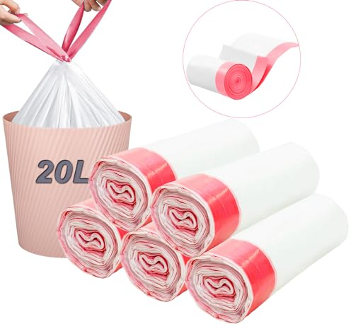 KITBEST Sacs Poubelles Résistants 20L, 100 Sacs Poubelle à Liens Coulissants pour Cuisine, Pré-séparés Sacs en Plastique Recyclés pour salle de bain chambre cuisine bureau, Blanc (50 x 60 cm)