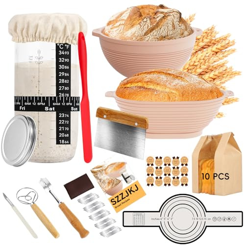 Sourdough Starter Kit, 24PCS Sourdough Bread Baking Supplies, 9Round & 11Oval Banneton Bread Proofing Basket, Bread Sling, Starter Jar, Whisk, Scrapers, Bread Lame, Bag, Sour Dough Making Tools Kit